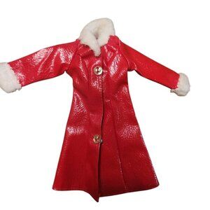Vintage 70s Clone Barbie Doll Coat Red Faux Leather White Fur Trimmed Accessory